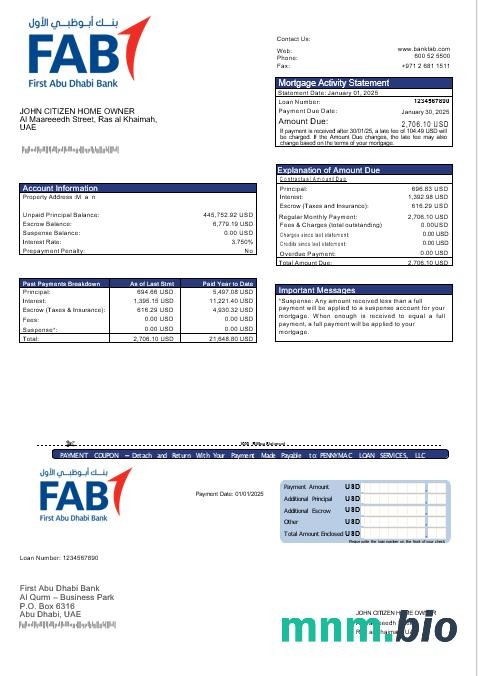 ZEA First Abu Dhabi Bank wyciąg z kredytu hipotecznego w formatach Word i PDF